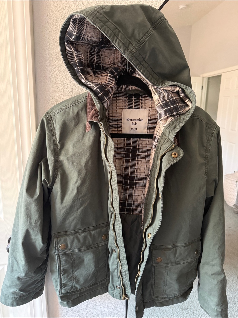 abercrombie kids Olive Green Hooded Field Jacket with Plaid Lining